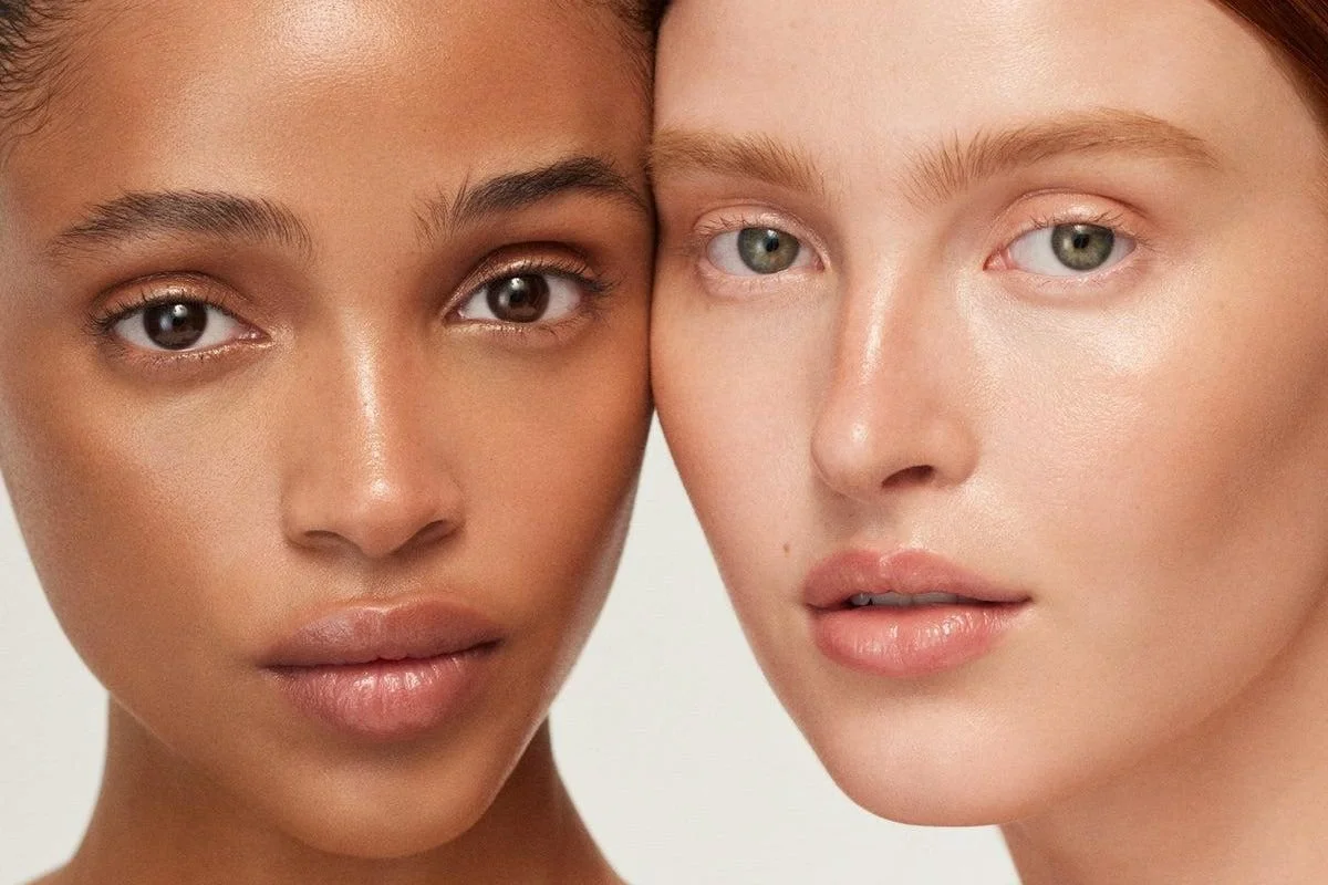 Side-by-side beauty image highlighting the visual differences between dewy skin and glass skin.