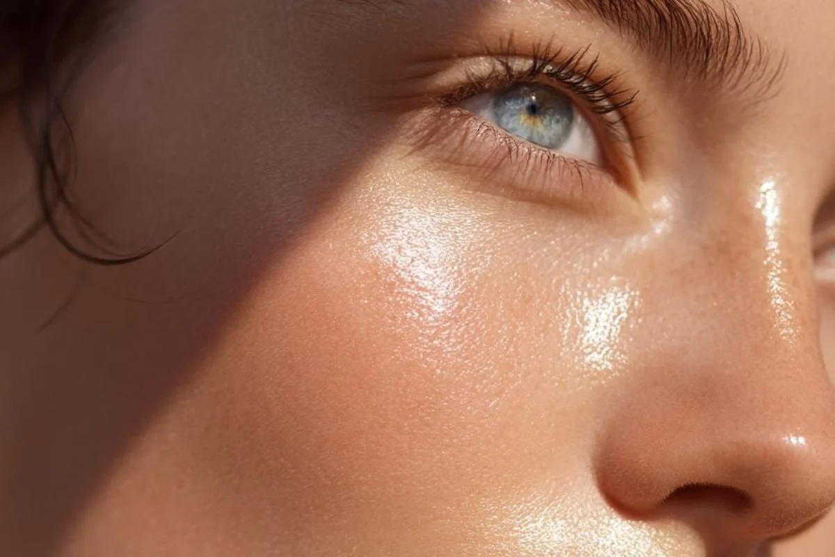 Woman examining her skin in natural light while checking its hydration and texture.