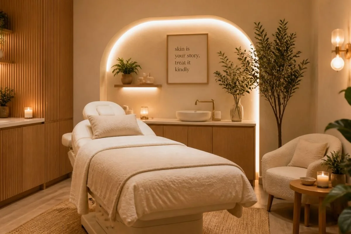 Warm, minimalist skincare treatment room with a professional facial bed