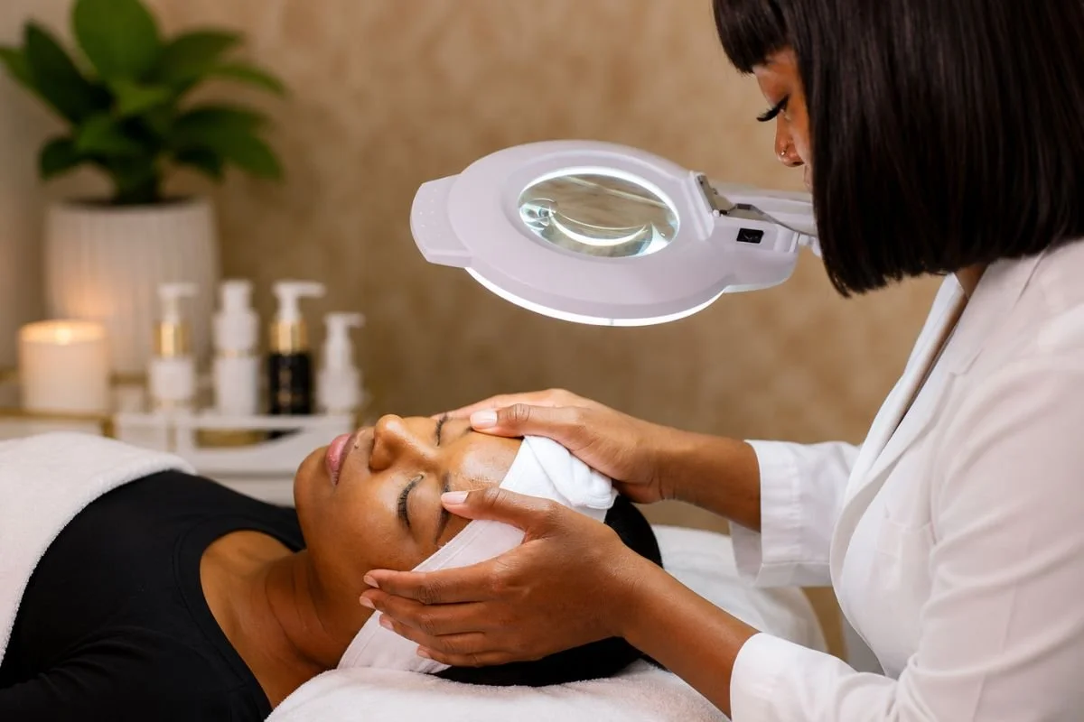 Professional skincare consultation with a Black esthetician examining a client's skin and discussing treatment 