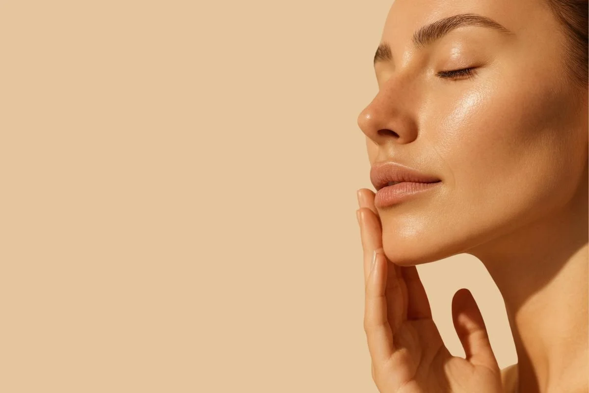 Close-up portrait of radiant, hydrated skin with a natural glow and minimal makeup.