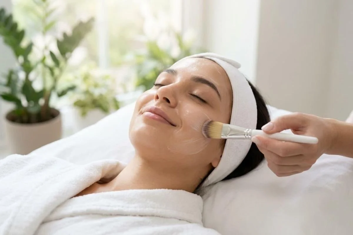 Esthetician applying a professional facial treatment to a client