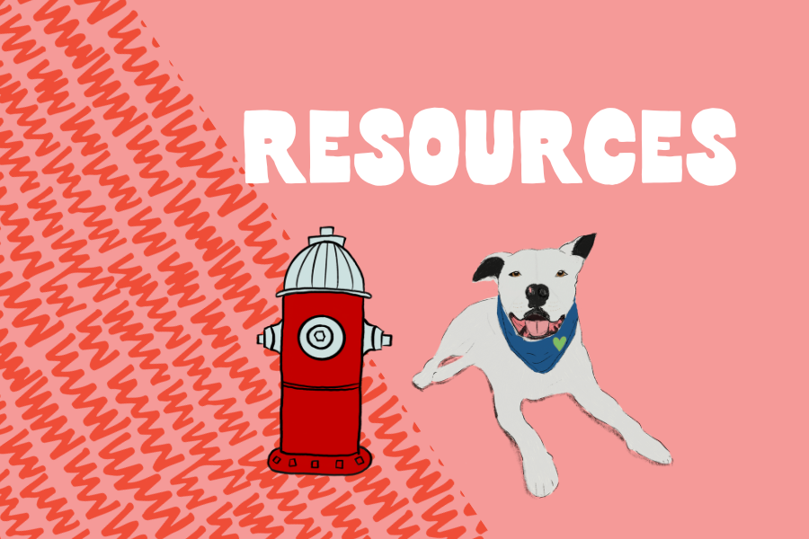 Illustration of a red fire hydrant and a happy white dog with black ears wearing a blue bandana on a pink background with the word 'RESOURCES' in white, bold letters.