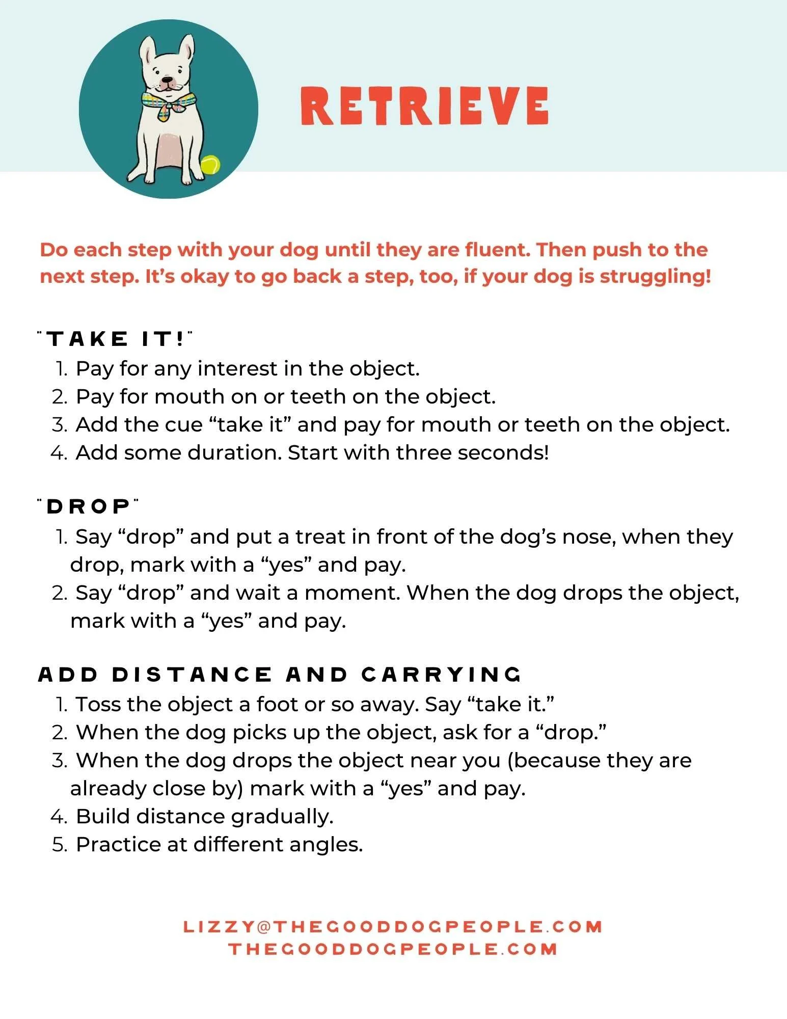 Instruction sheet titled 'Retrieve' with a cartoon image of a dog in a collar and tennis ball. The sheet provides steps for training a dog to retrieve objects, including steps like 'take it', 'drop', and practicing at different angles.