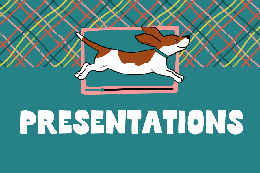 A dog jumping through a laptop screen with the word 'Presentations' written below.