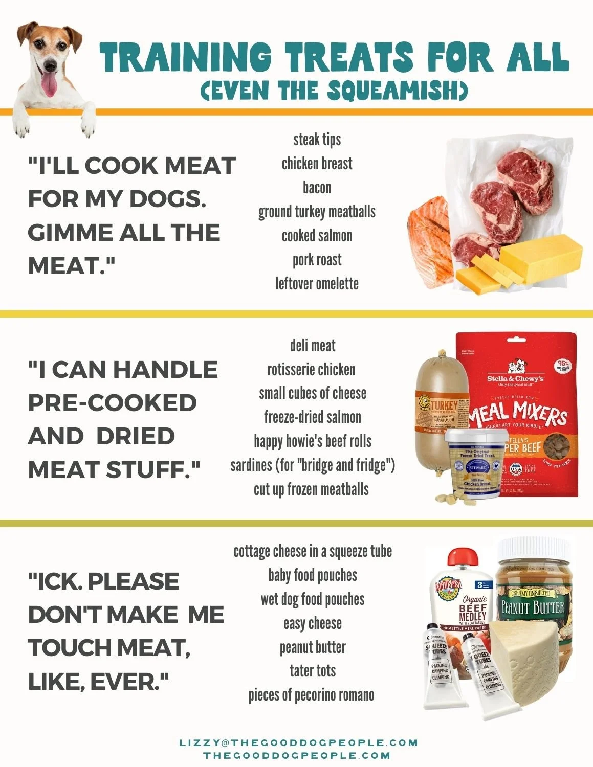 Infographic listing training treats for dogs, including raw meat, cooked meat, and snacks like cheese and peanut butter, with images of dog food and treats.