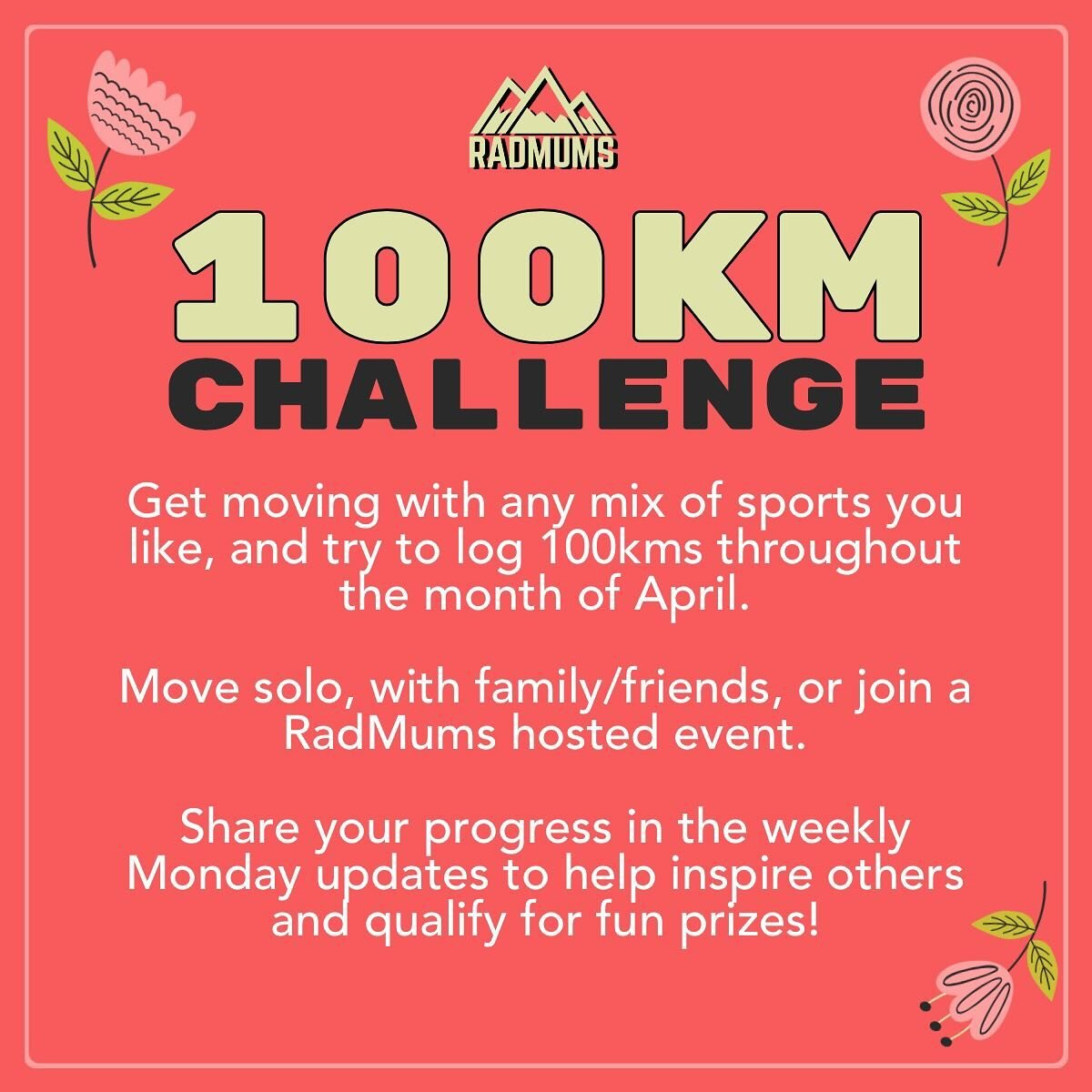 Are you in? 🙋🏽&zwj;♀️ This month RadMums is helping you get your movement mojo back with a 100km Challenge ✨

It&rsquo;s simple. You pick the activity or activities. Complete solo or with friends and family. Use the running shoe tracker to count yo