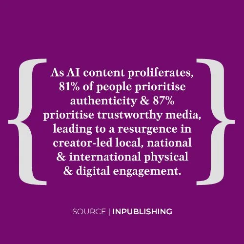 Purple background with white quote about AI content and trustworthiness, citing INPUBLISHING as the source.