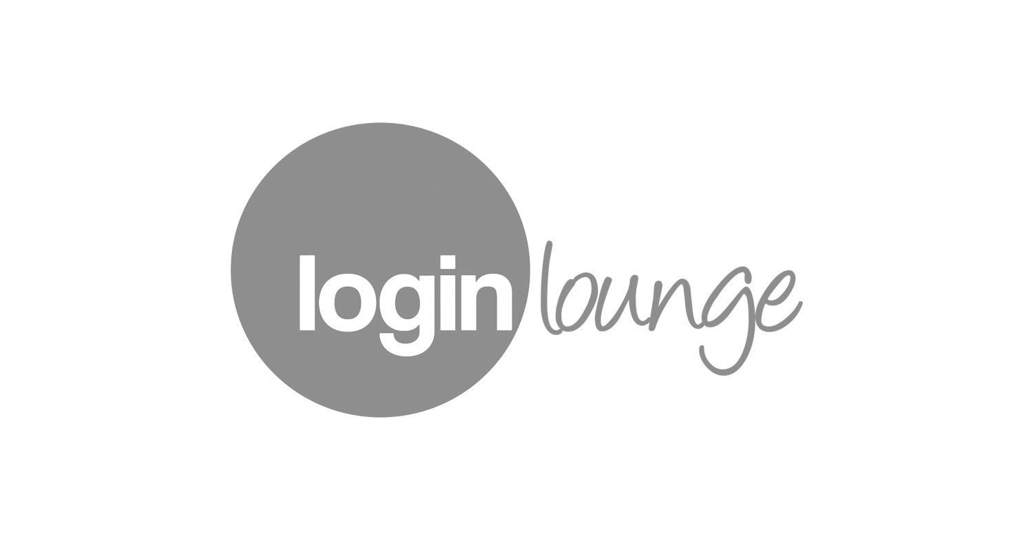 Logo for login lounge with a large gray circle and the words 'login lounge' in black and gray script.