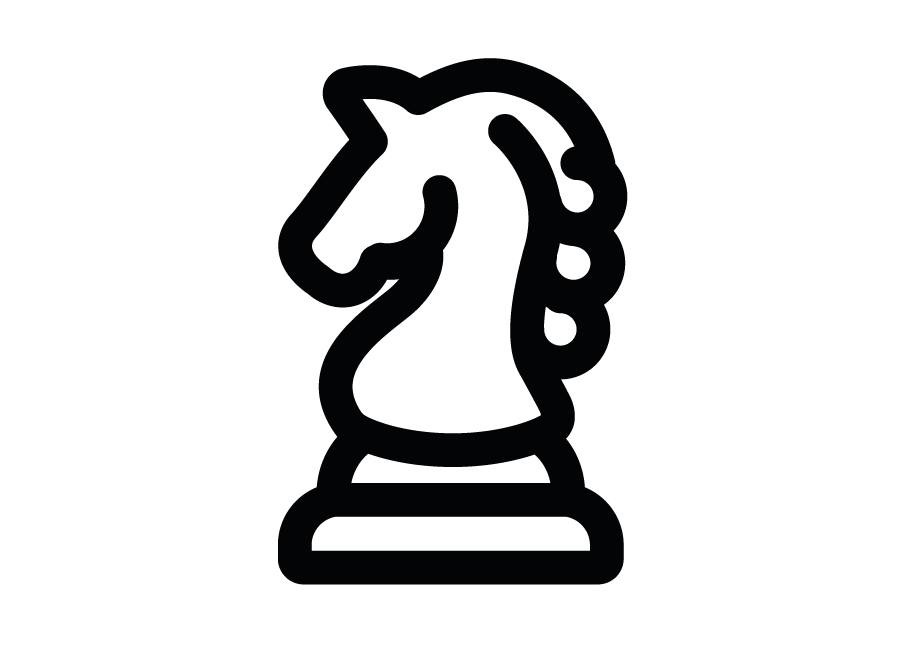 Outline drawing of a knight chess piece on a black background.