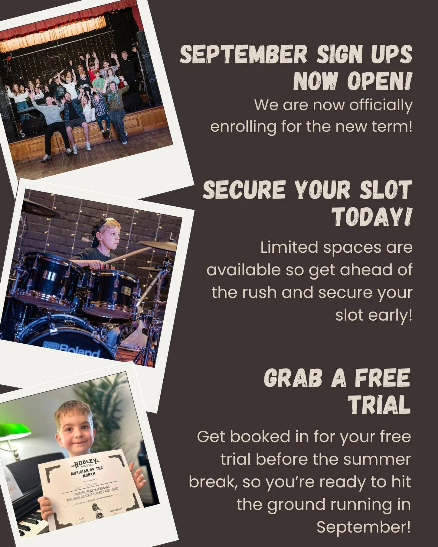 𝗕𝘂𝗶𝗹𝗱 𝗖𝗼𝗻𝗳𝗶𝗱𝗲𝗻𝗰𝗲, 𝗙𝗼𝗰𝘂𝘀 & 𝗦𝗸𝗶𝗹𝗹𝘀 – 𝗧𝗵𝗿𝗼𝘂𝗴𝗵 𝗠𝘂𝘀𝗶𝗰!
🎉 SEPTEMBER SIGN-UPS ARE NOW OPEN! 🎉
Whether your child’s a total beginner or ready to take things to the next level, now’s the perfect t