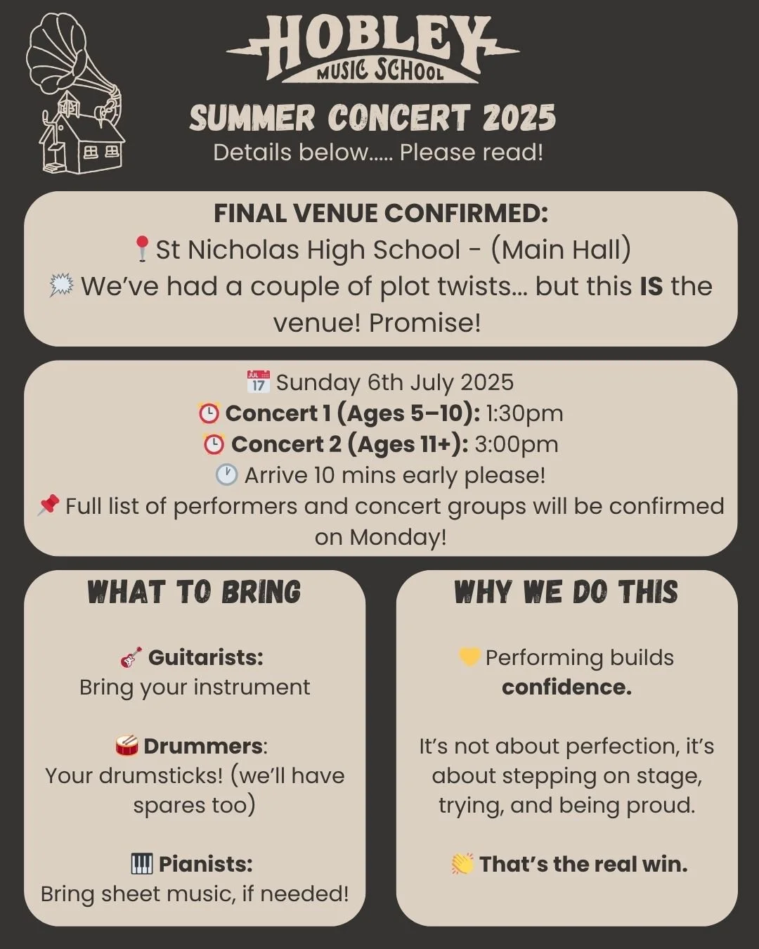 🌟 𝙉𝙊𝙏 𝙇𝙊𝙉𝙂 𝙏𝙊 𝙂𝙊! 🌟
Here’s everything you need to know about our Summer Concert 2025 🎶 
(Yes, this is the third venue change!)
We’re just finalising the performer list which will be confirmed and sent out on Monday!
We ca