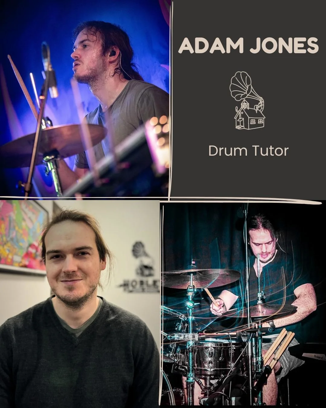 Adam is one of our drum tutors here at Hobley Music School and has been part of the team for nearly 3 years.

Alongside teaching, he&rsquo;s a very active gigging drummer, playing shows all over the country. You might even catch him performing with h