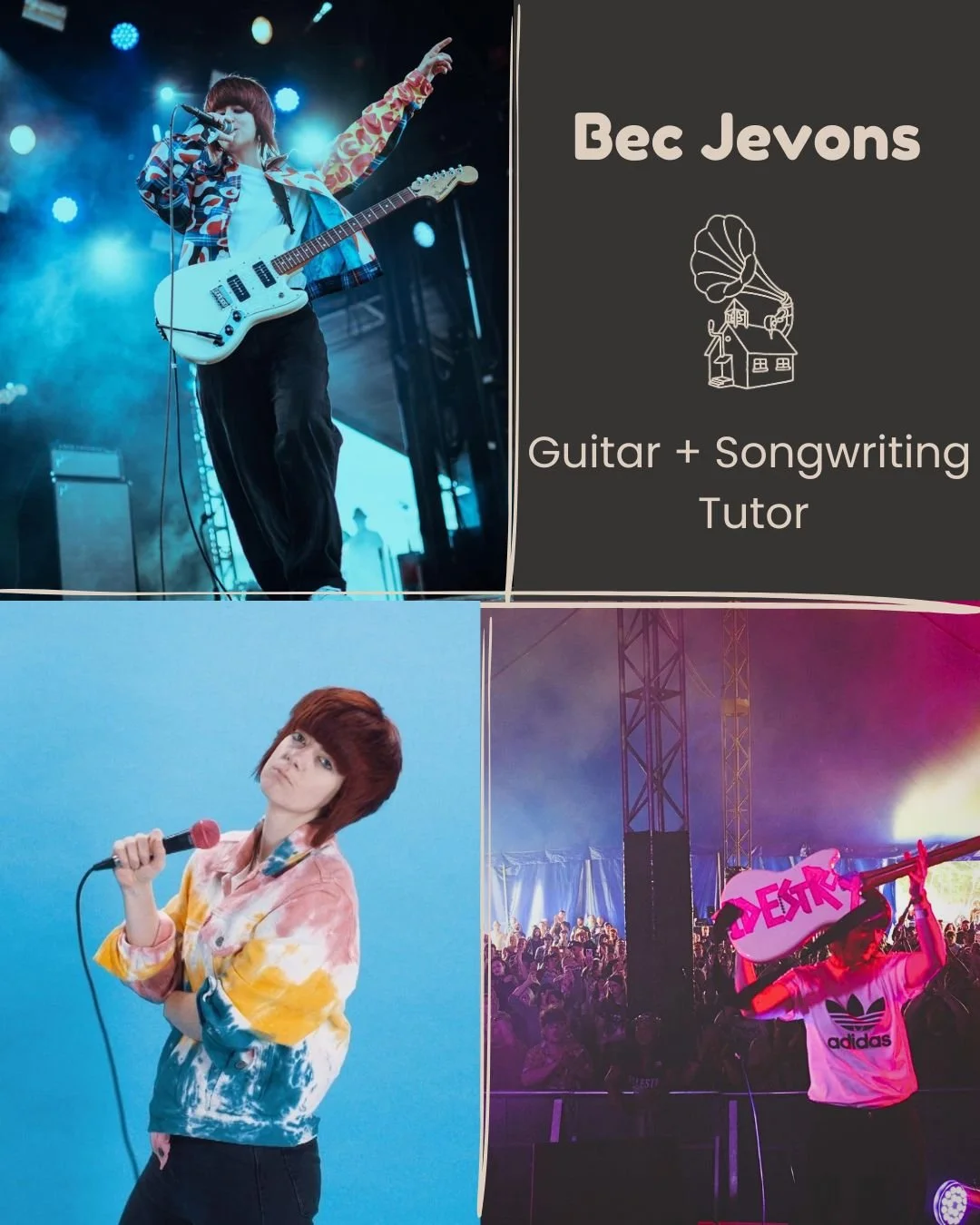 Meet Bec 

Bec is one of our Guitar + Songwriting tutors here at Hobley Music School. Alongside teaching, she&rsquo;s an active performer and songwriter with her band IDestroy, touring across Europe and Asia and performing at festivals including Down