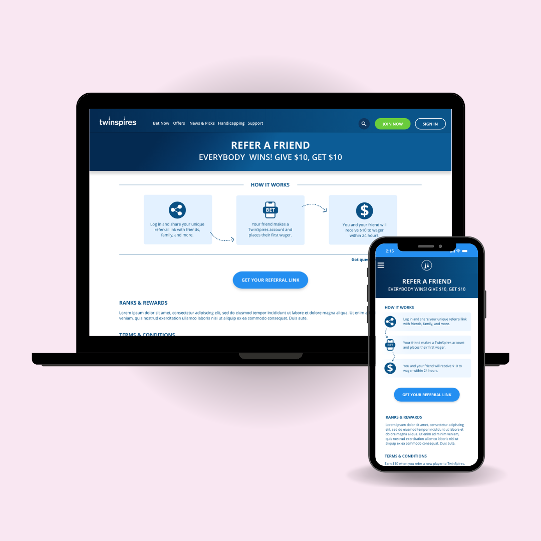 Displays a laptop screen and a phone screen on top of a light blue background. The screens show the Refer a Friend Redesign interface I designed.
