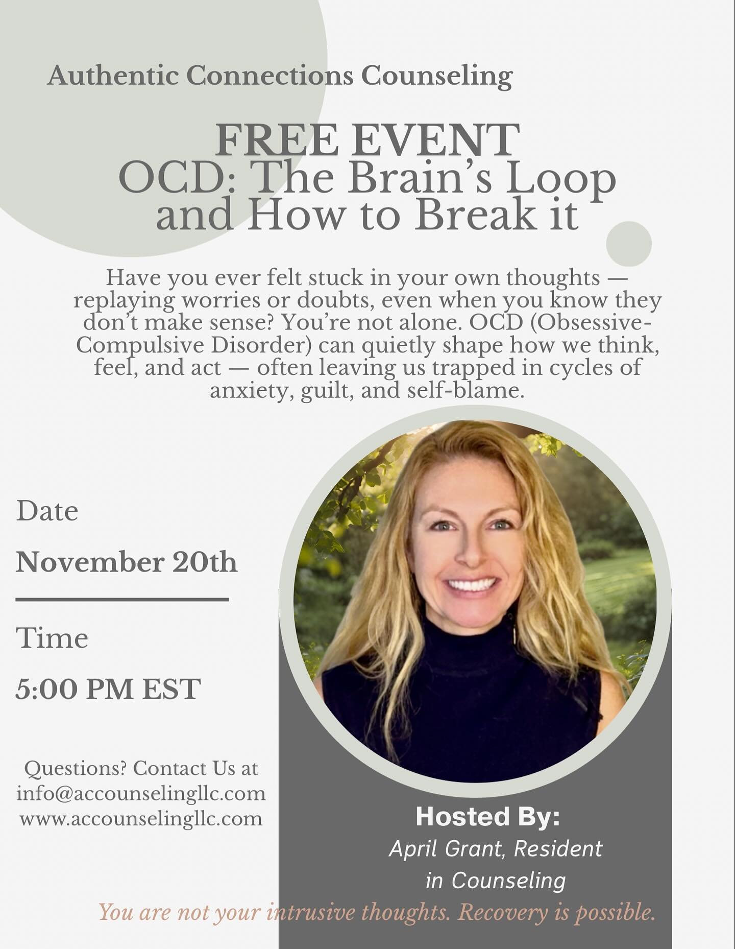 Sign up for free today! https://forms.gle/8z25C62ZEhXd6XJE9

#ocd #ocdtherapy #freecommunityevent #loudouncountyva #support