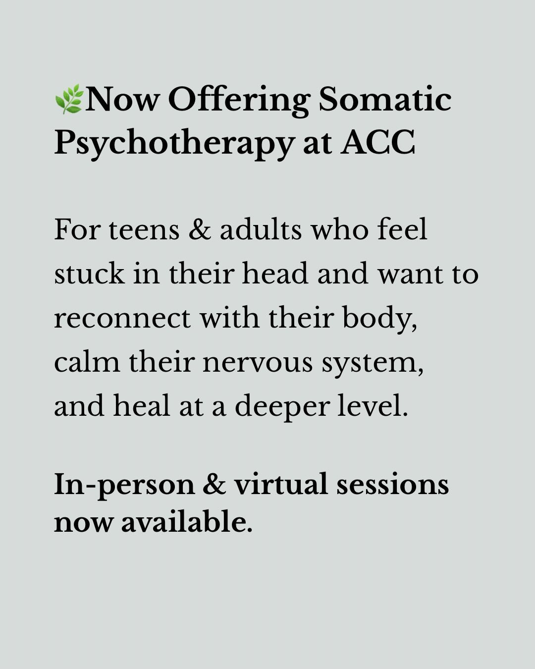 ✨ New Service at ACC: Somatic Psychotherapy ✨
If talk therapy helps you understand your feelings but your body still feels overwhelmed, this might be the missing piece.

Somatic psychotherapy blends traditional therapy with body-based tools to help y
