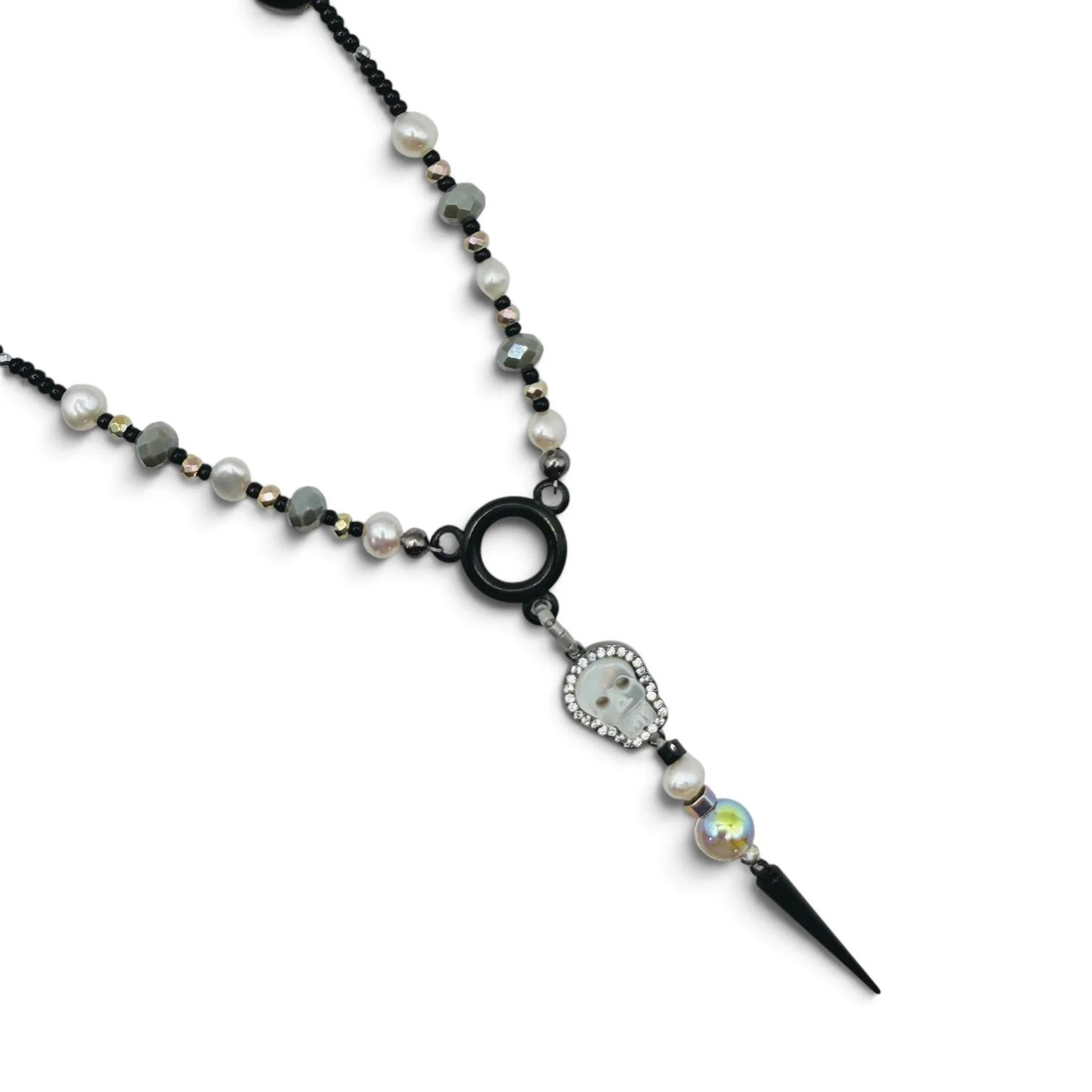 Rhinestone Skull Dagger Rosary Necklace_Detail.JPG