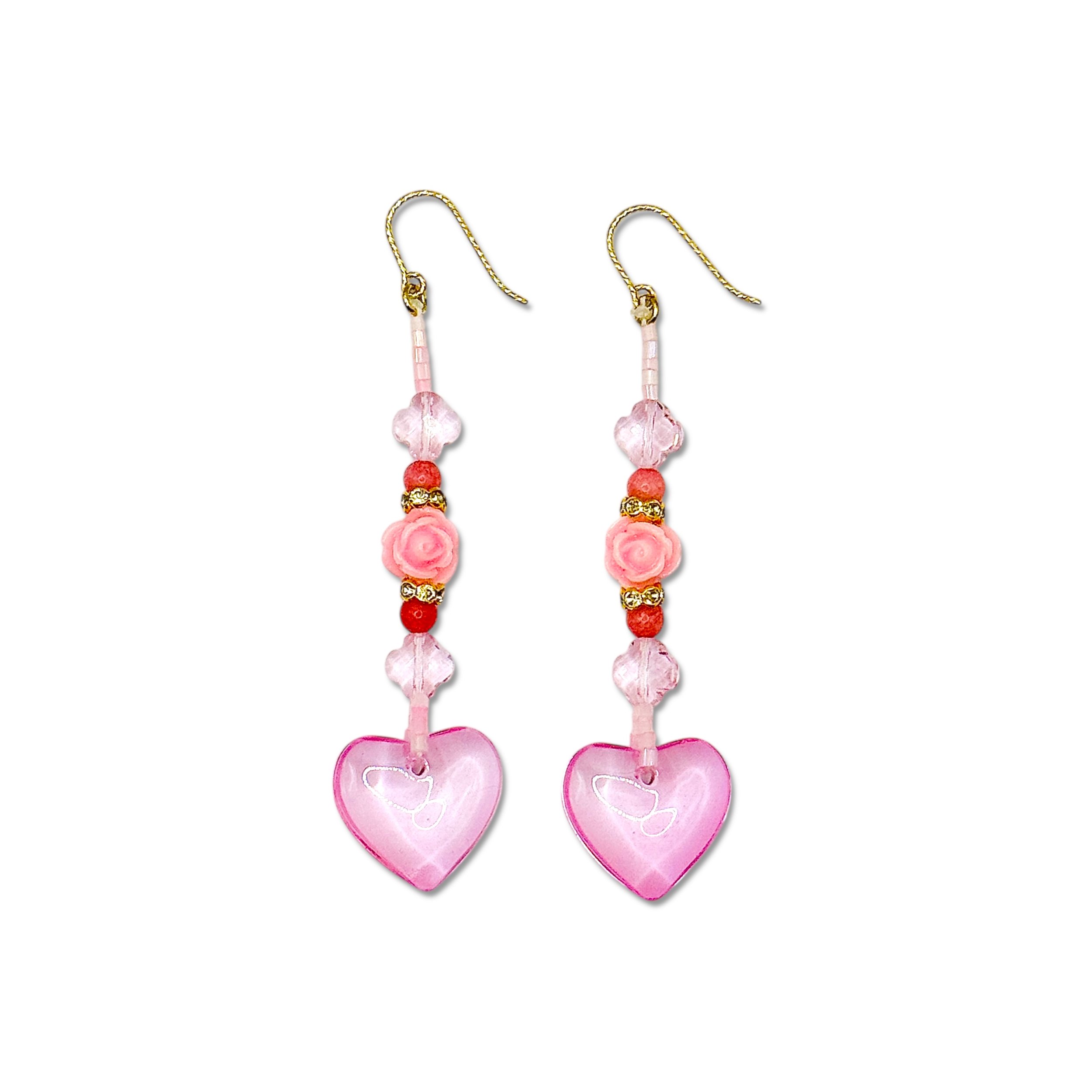 Pink Rose Heart Drop Earrings