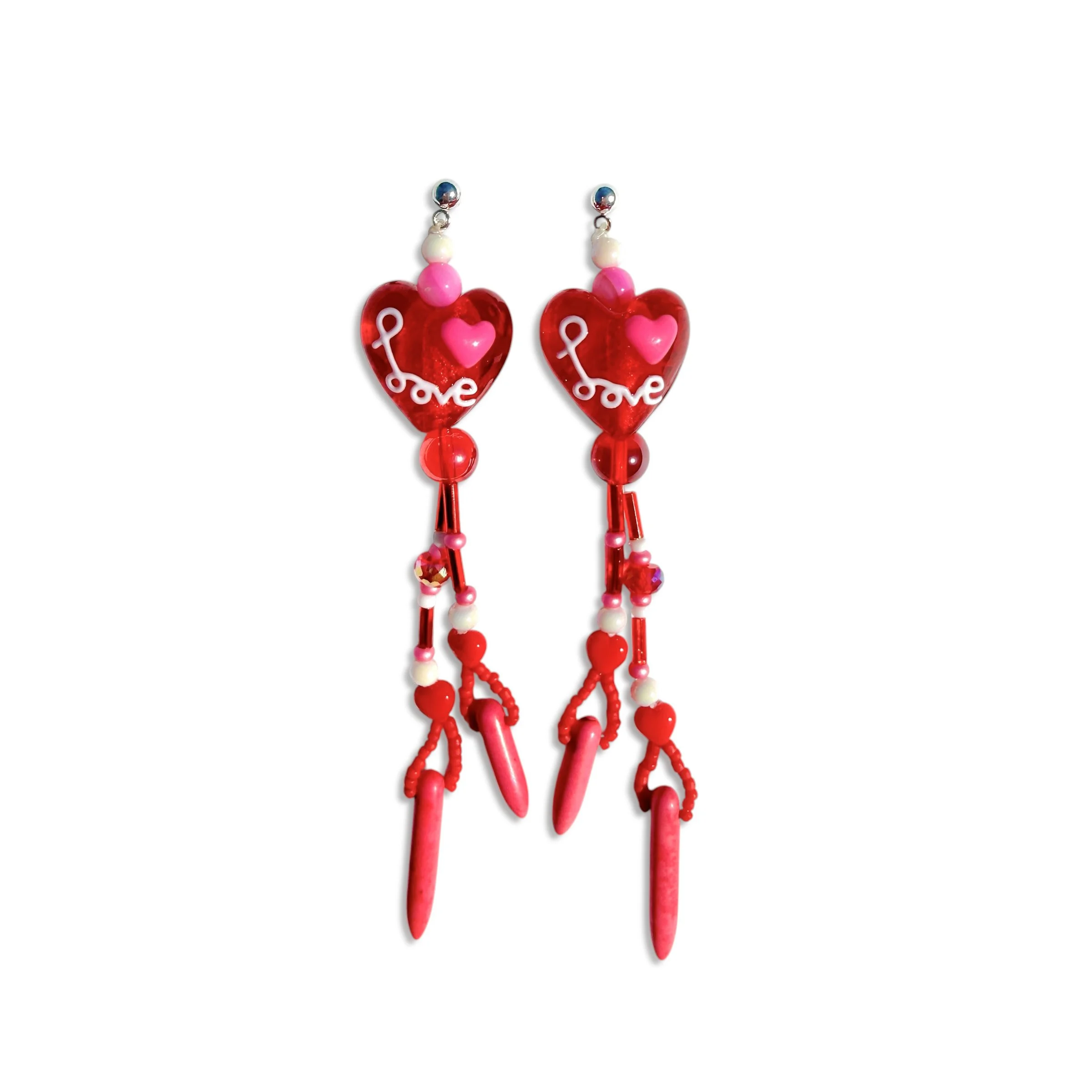 Rouge Love Glass Heart Beaded Tassel Earrings
