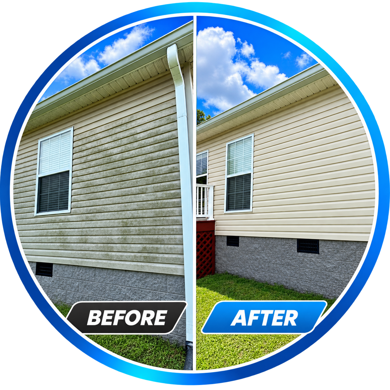 Comparison of house siding before and after cleaning, showing cleaner, lighter beige siding on the right and dirtier, darker siding on the left with a blue sky in the background.