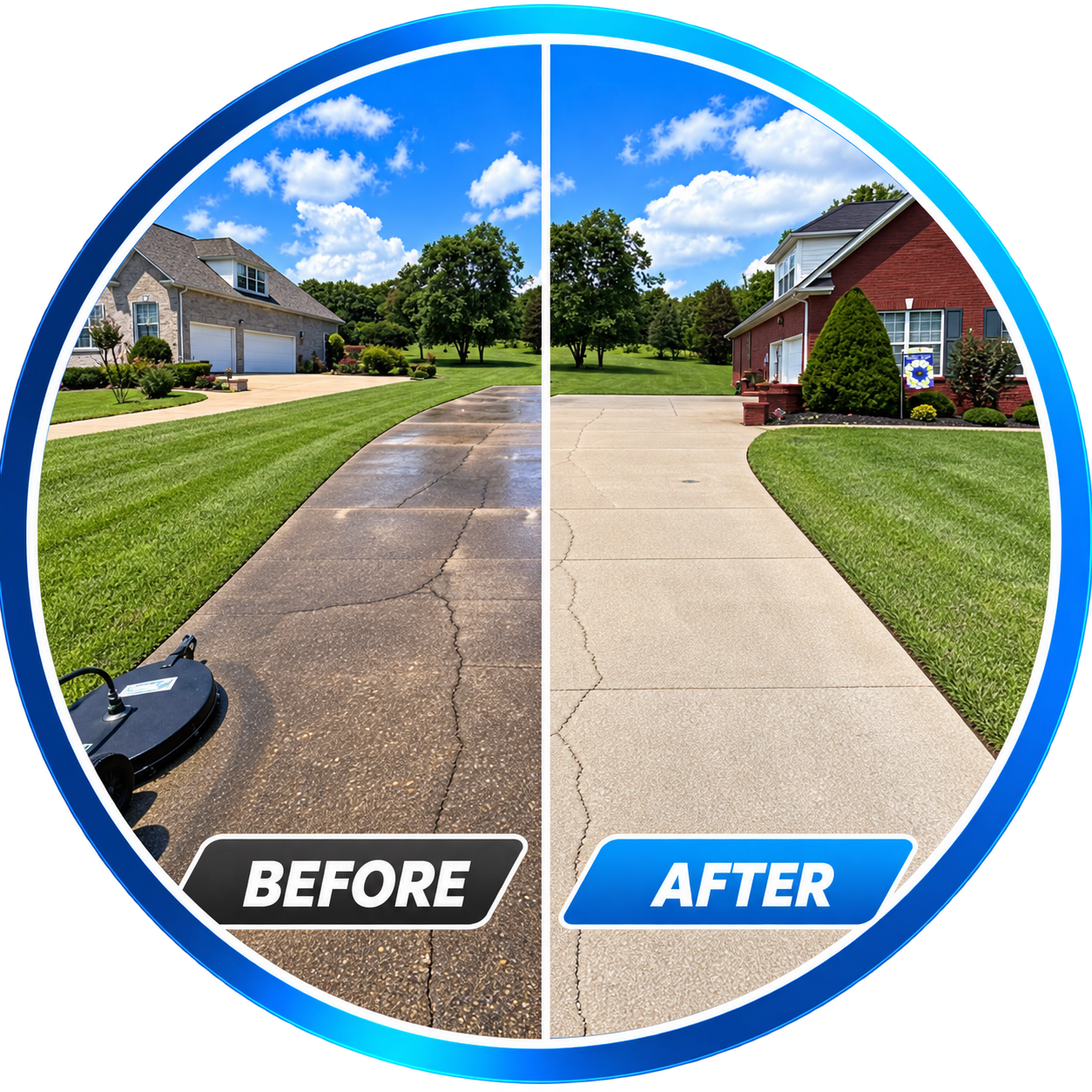 Side-by-side comparison of a driveway before and after cleaning. The left side shows a dirty, stained concrete driveway with cracks, while the right side shows a clean, light-colored driveway with no stains or cracks.