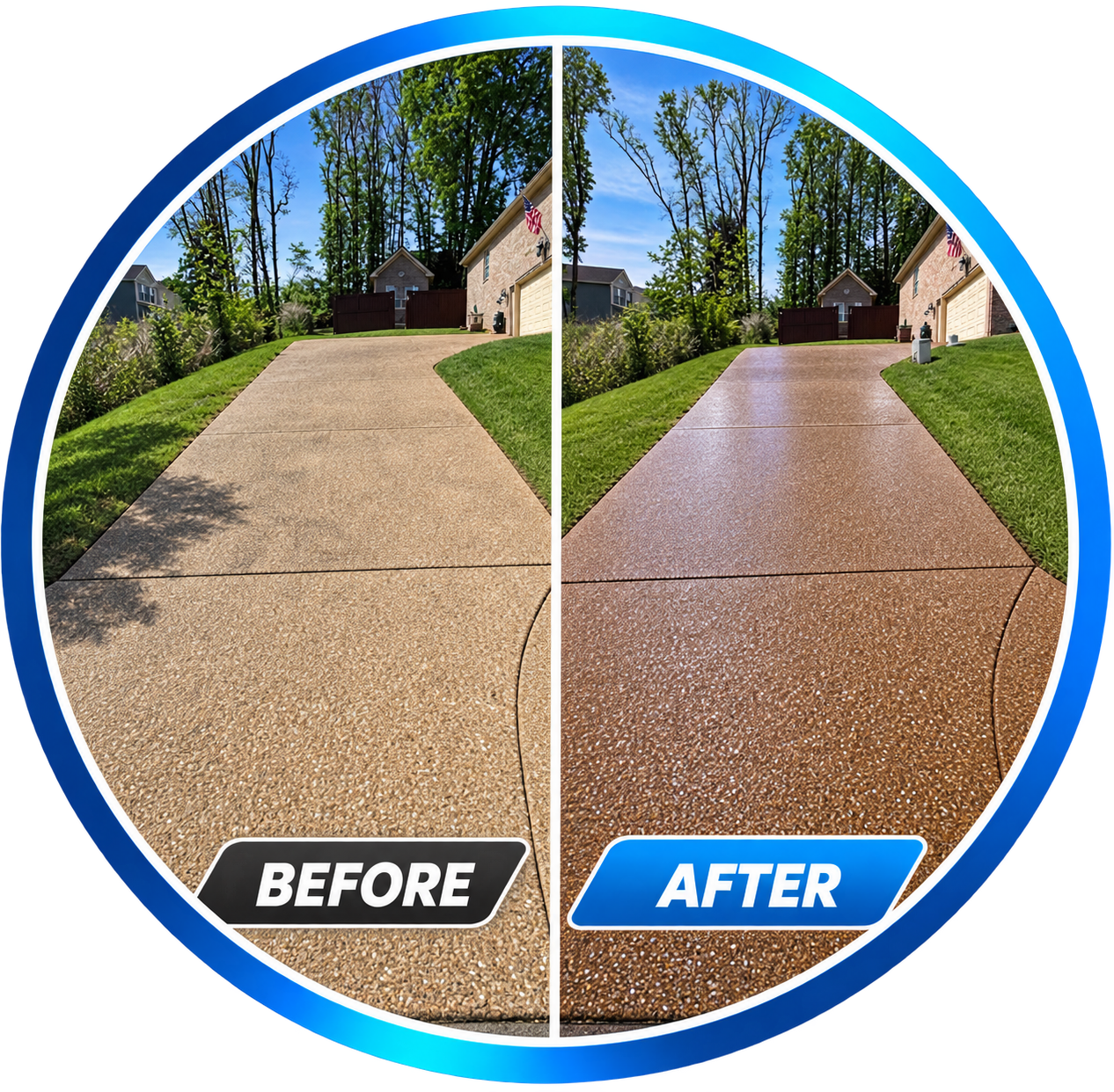 Comparison of a driveway before and after being cleaned or sealed. The left side shows a lighter, worn surface, and the right side shows a darker, cleaner, and polished surface.