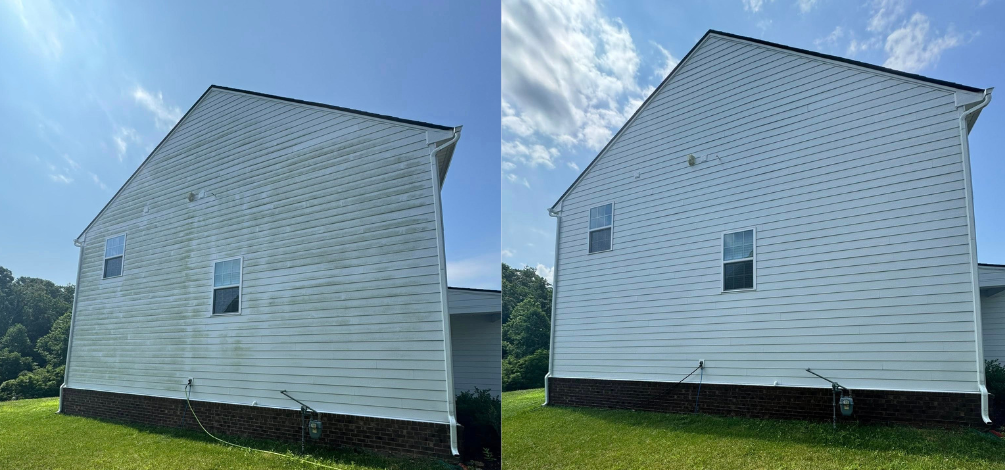 Comparison of a house's exterior siding before and after cleaning, showing dirt and grime removal.