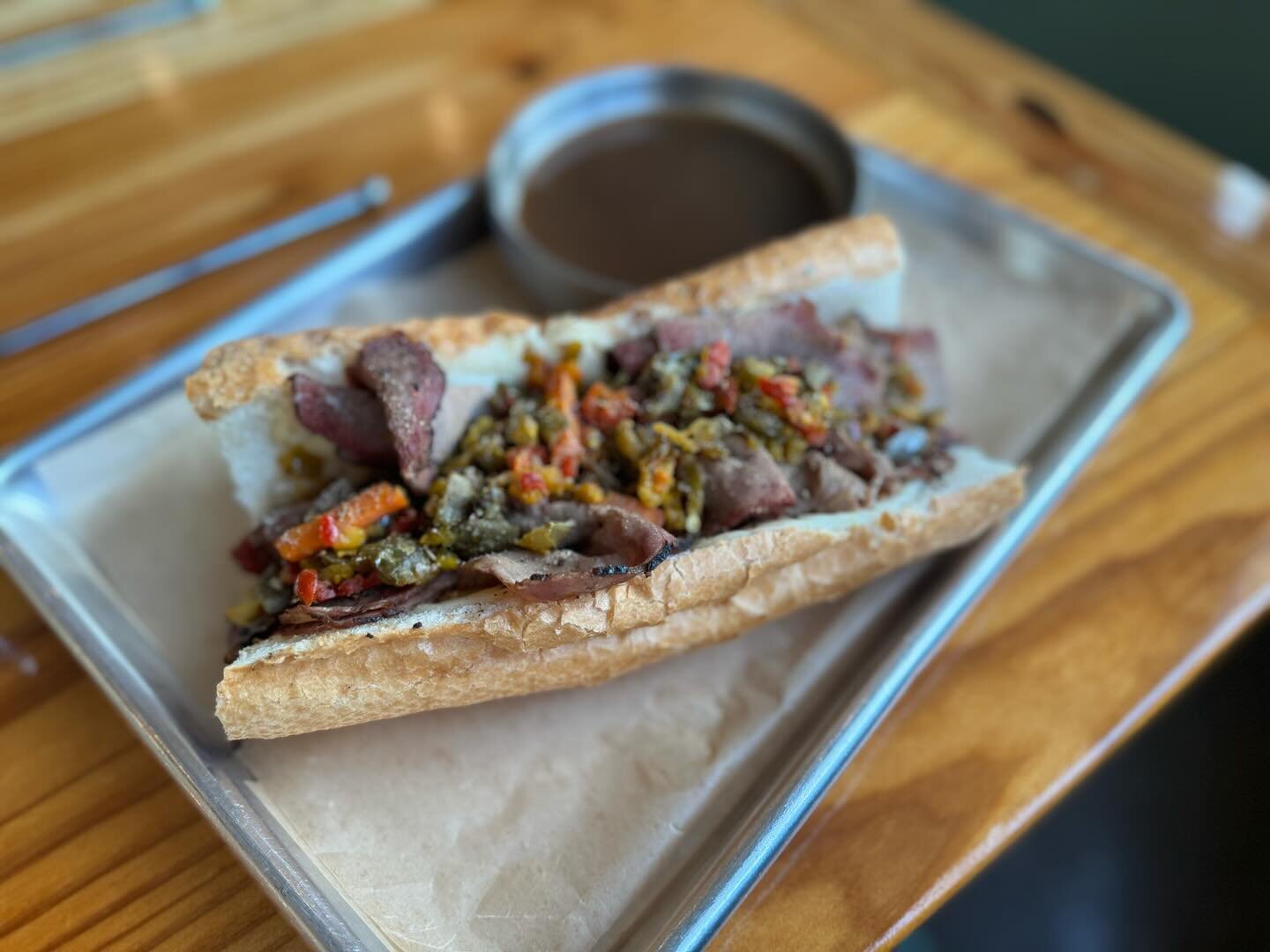 New SMOKED ITALIAN BEEF! Smoked then simmered eye of round, provolone, giardiniera. Comes with au jus &amp; makes you a better person. 

#italianbeef #sandwich #oakcliff #dallas #cenzos