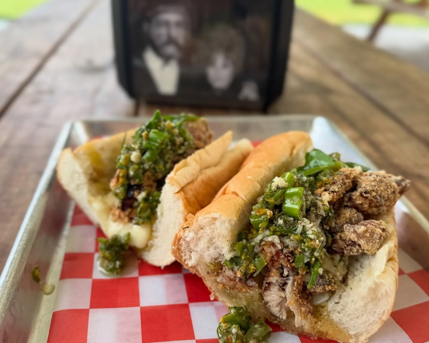 We were doing some sandwich R&amp;D and decided to run it as a special!

Polenta crusted fried chicken with broccoli pesto, provolone &amp; garlic aioli. 

Come grab one!

#sandwich #pesto #friedchicken #oakcliff #dallas #texas