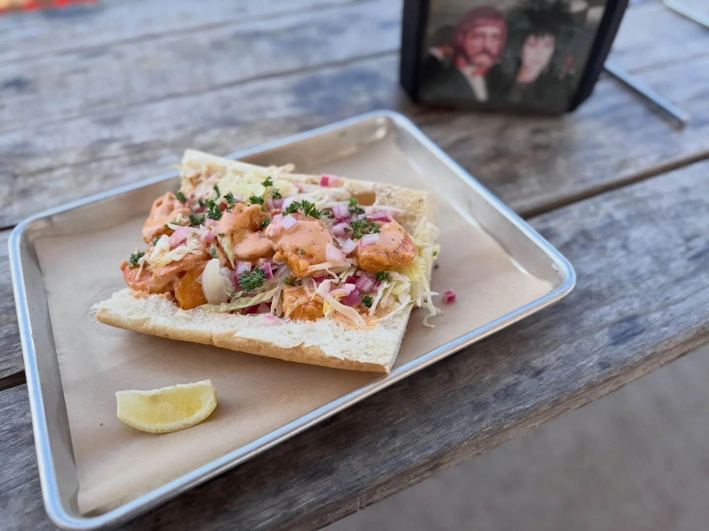 Shrimp Po&rsquo; Boy SANDWICH OF THE MONTH!&trade;️ 

Fried shrimp, comeback sauce, LTO &amp; pickled red onions. 

Come hang and get one!