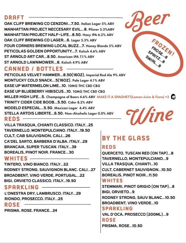 Menu featuring a selection of craft beers, canned bottles, wines by the glass, and various reds, whites, sparkling, and rosé wines.