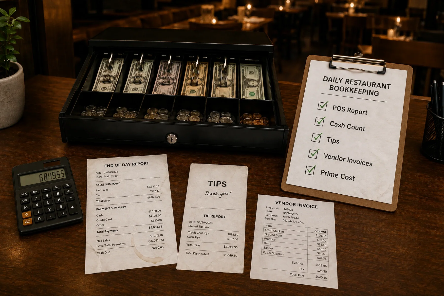 Restaurant bookkeeping setup with cash drawer, POS report, tip report, vendor invoice, and daily bookkeeping checklist.