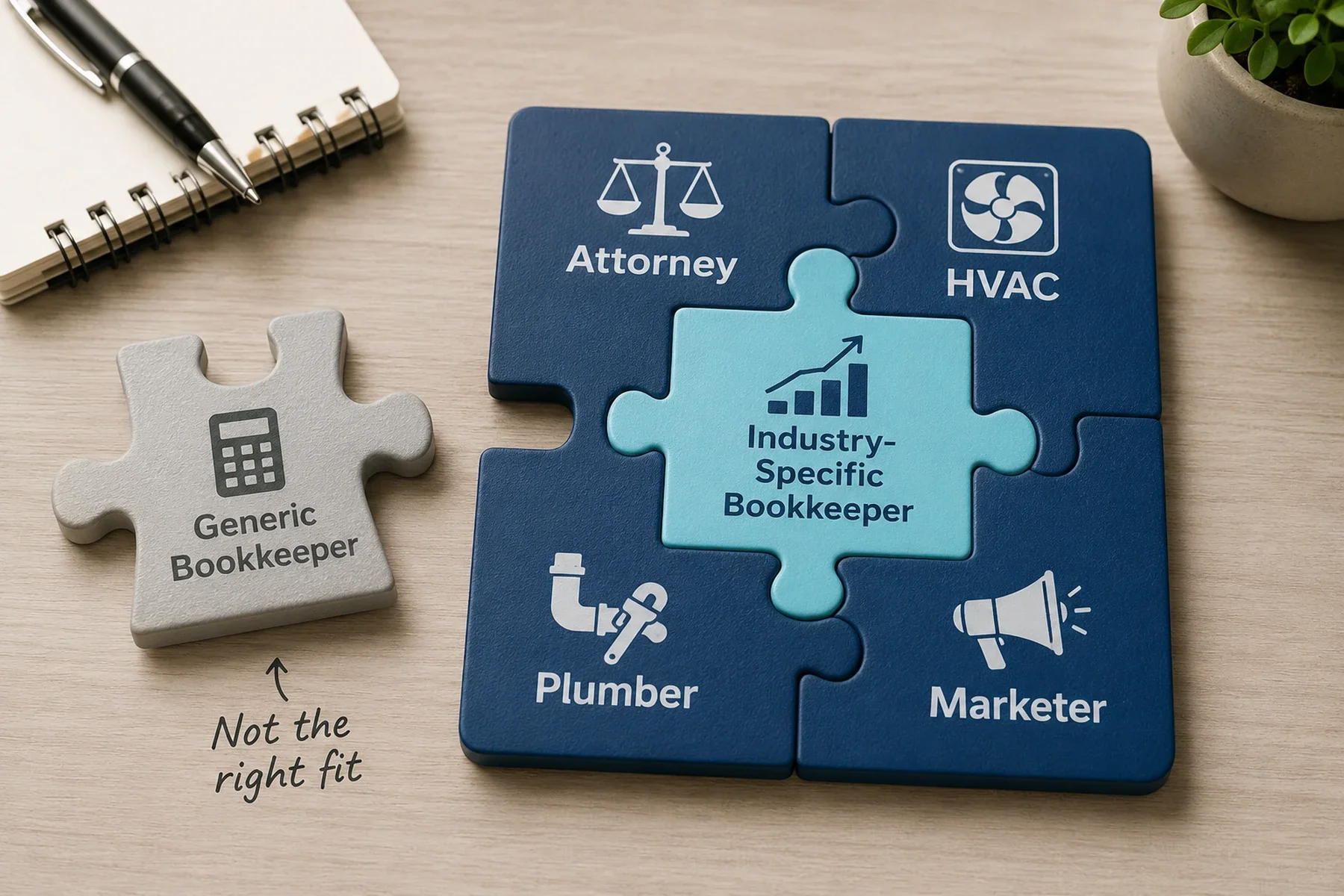 Puzzle pieces showing an industry specific bookkeeper fitting with attorney, HVAC, plumber, and marketer industries while a generic bookkeeper does not fit.