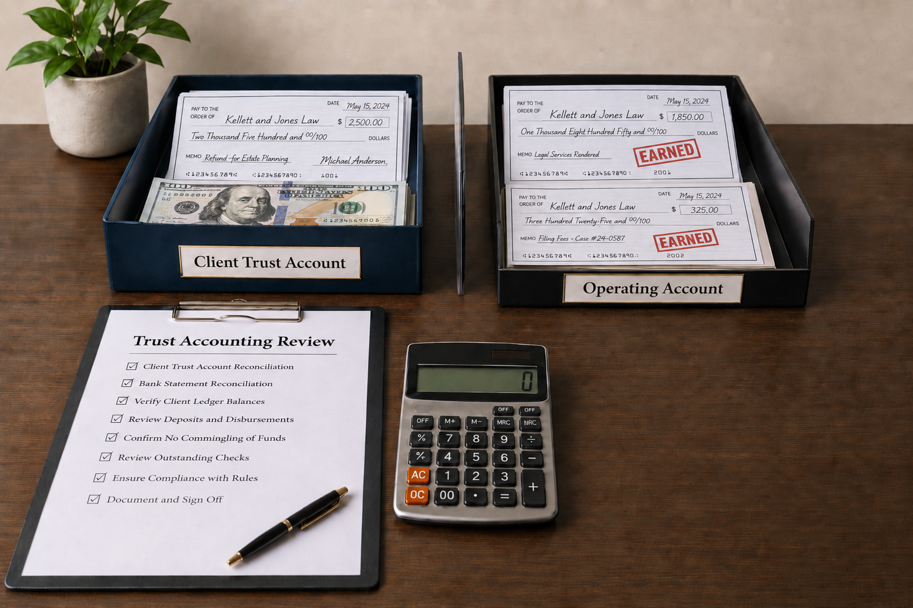 Bookkeeping for law firms with separate client trust and operating accounts, filled checks, earned fees, and a trust accounting review checklist.