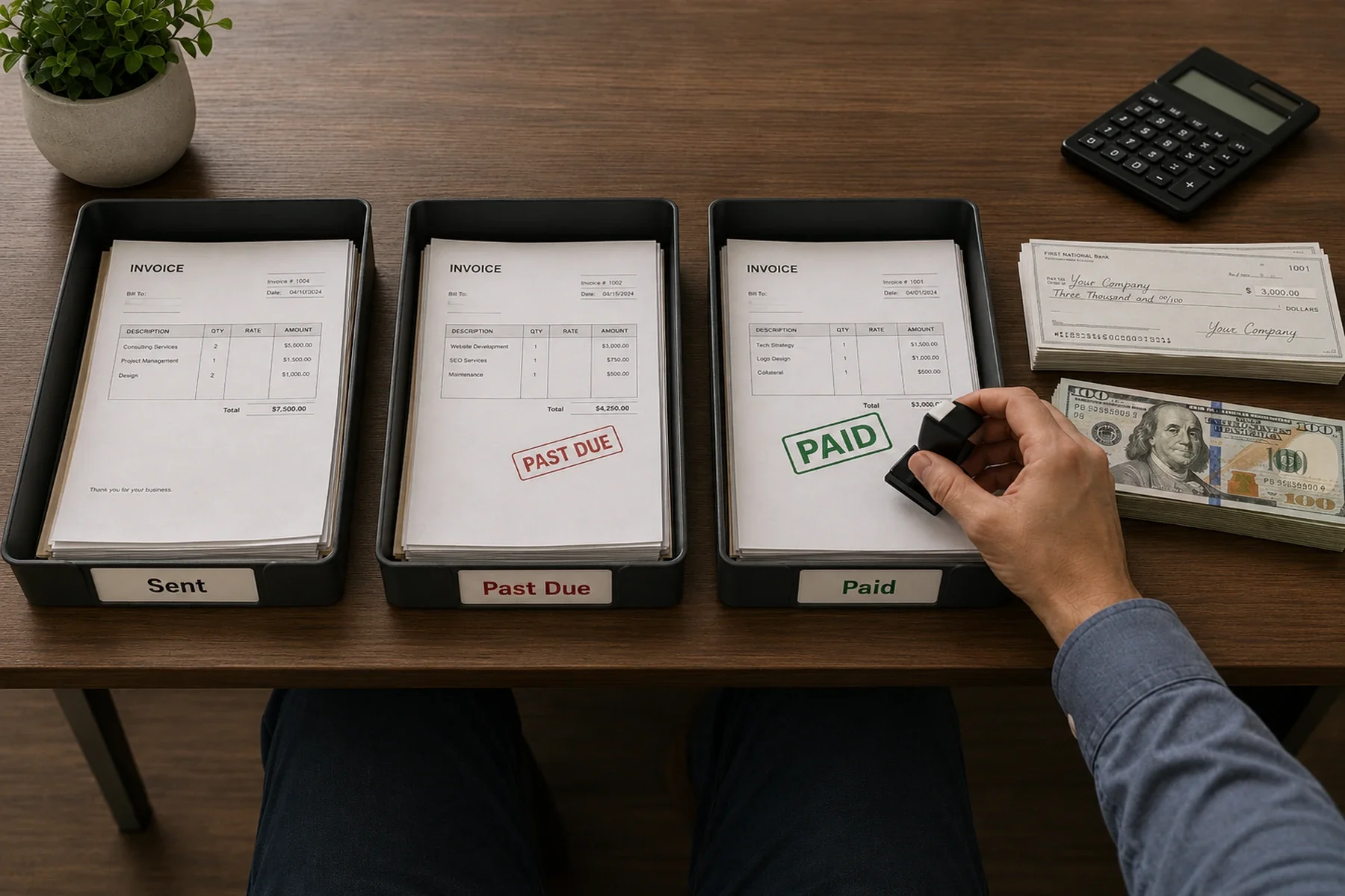 Invoices organized by sent, past due, and paid status, with a hand stamping an invoice paid next to checks and cash