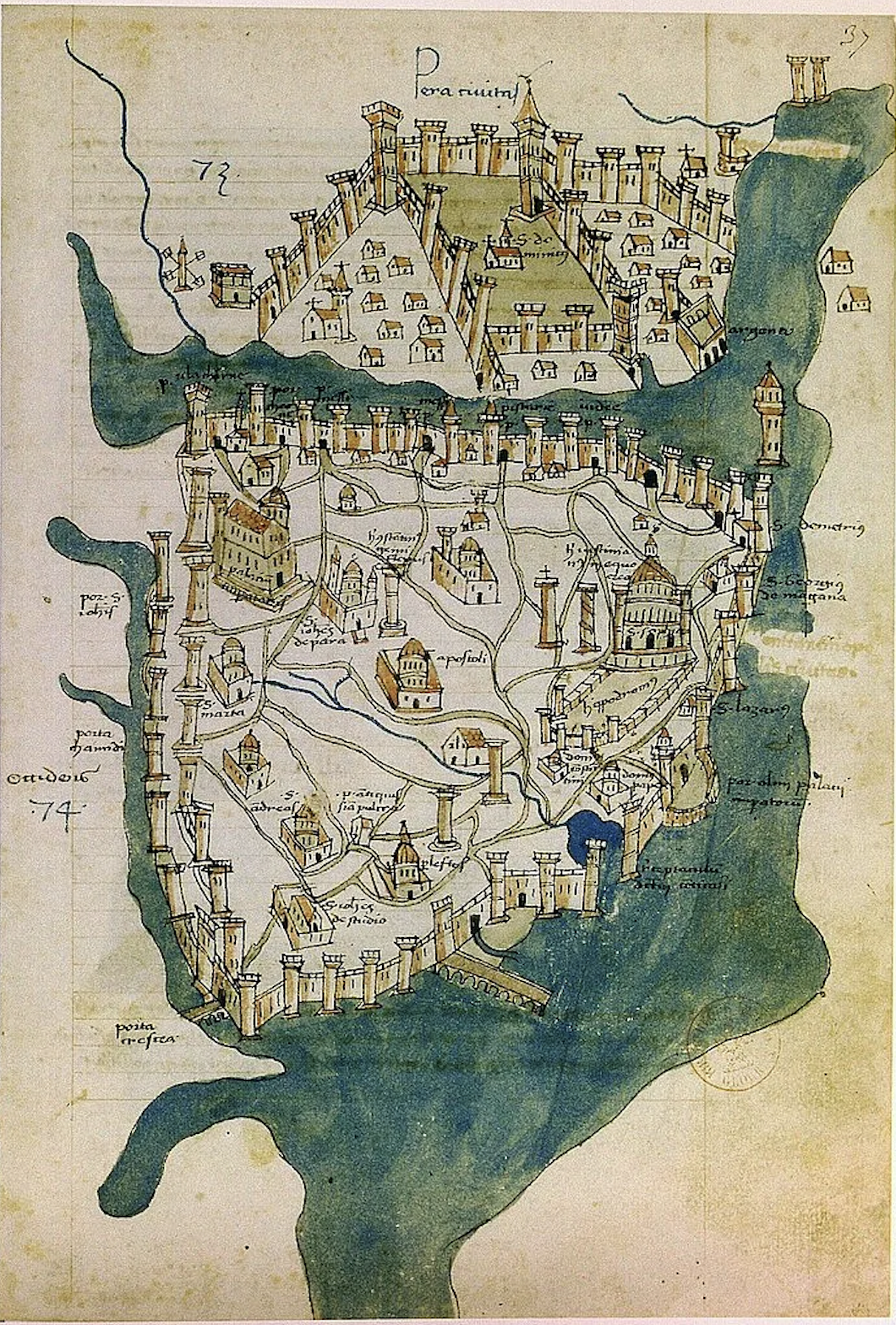 A map of Constantinople, Cristoforo Buondelmonti , Liber Insularum Archipelagi. Paris, Bibliothèque nationale de France, Département des Cartes et Plans, Ge FF 9351 Rés., fol. 37r.