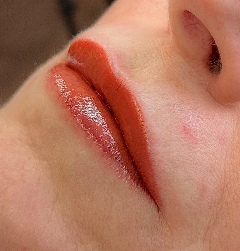Close-up of a person's lips with glossy, nude-colored lipstick.