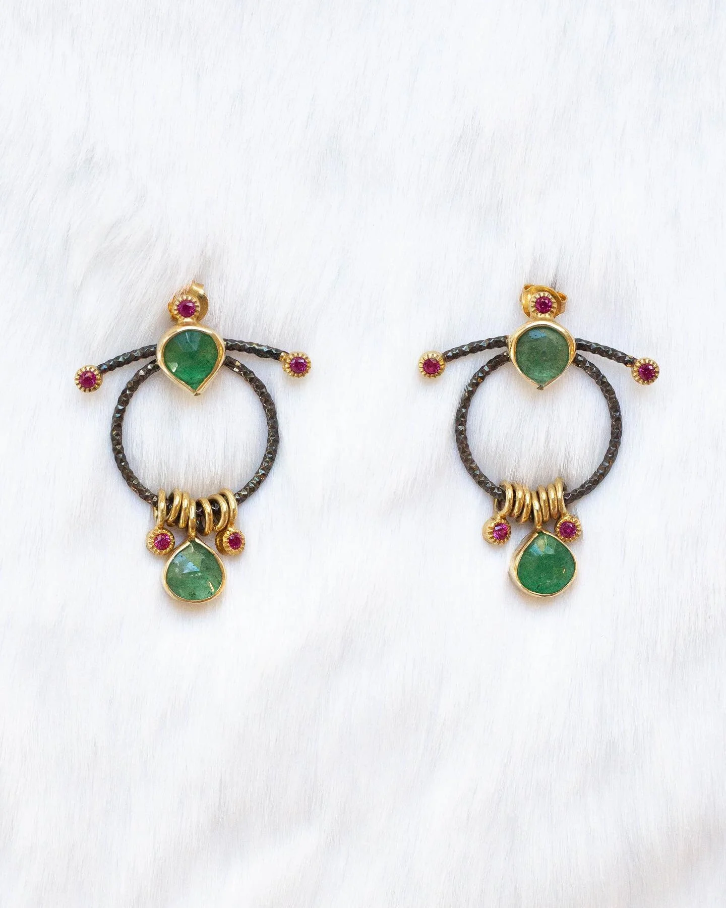 The Z&uuml;mrut Earrings&mdash;Adorned with Aventurine and Eudialite gems set in 14k gold.