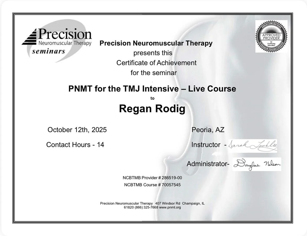 NEW TMJ CERTIFICATE &hearts;️
I learned so much in this course in Arizona and had such a great time! I can&rsquo;t wait to bring these new techniques into my sessions to better support clients with TMJ-related tension and symptoms ✨
@precisionnmt 

#