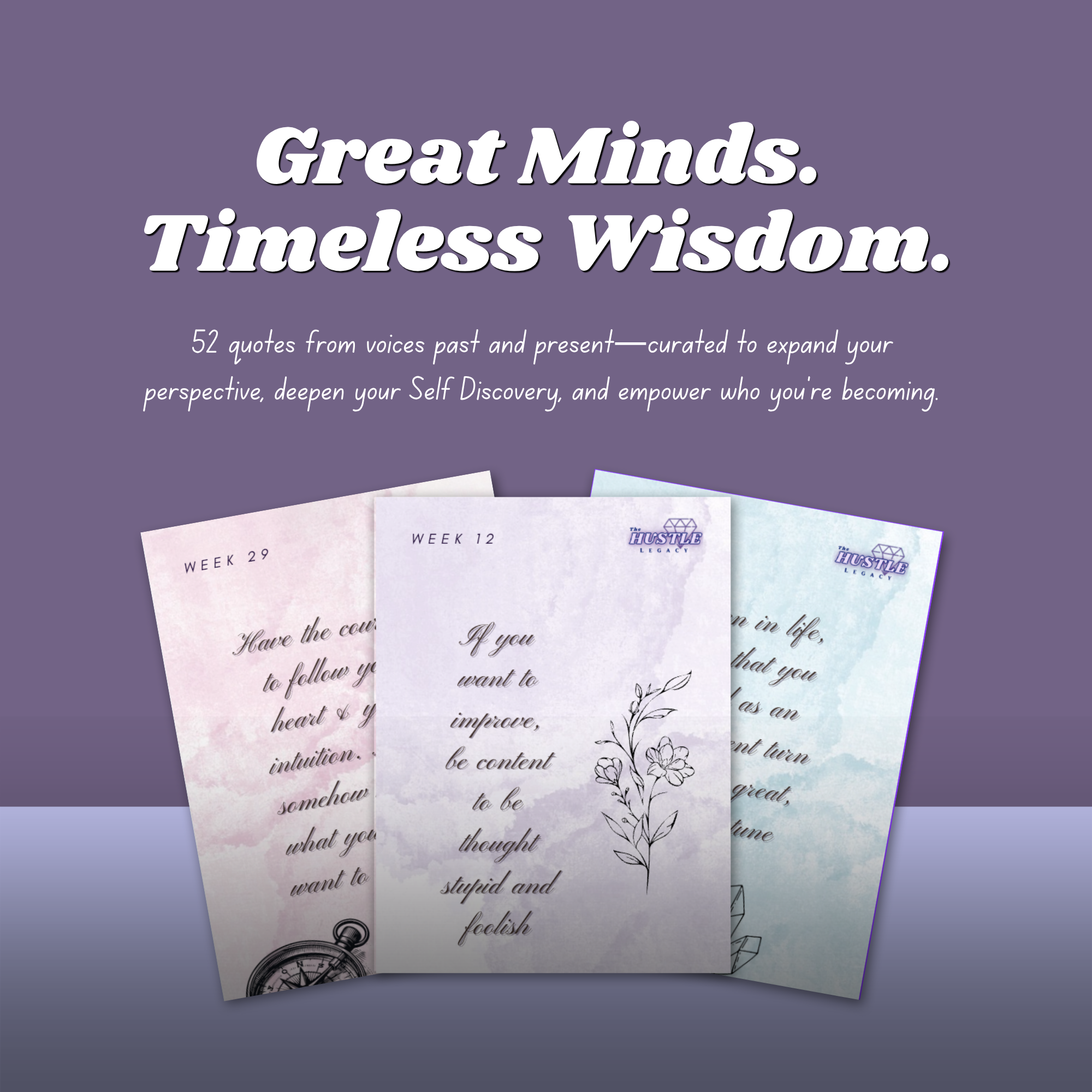 Three sample cards from Quotes to Empower beneath the words “Great Minds. Timeless Wisdom,” representing 52 quotes for reflection and Self Discovery.