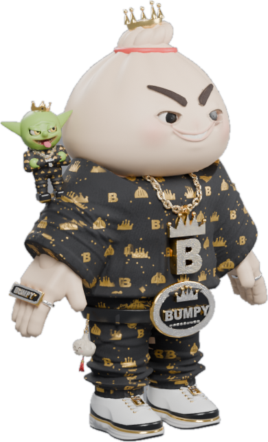 Bumpy, a dumpling-headed character with a gold crown, iced chain and B-pattern outfit