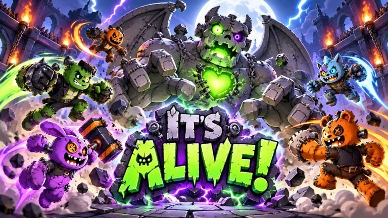 IT'S ALIVE!: stitched monsters battle in a spooky graveyard