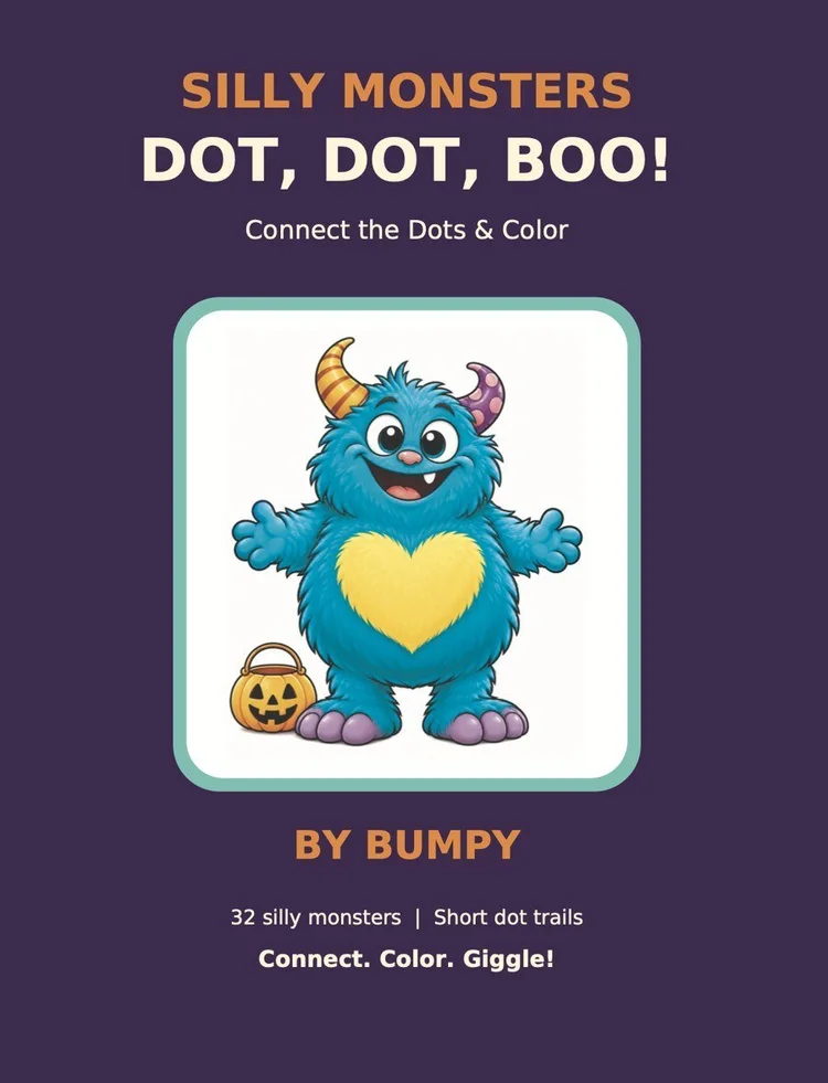 Silly Monsters: Dot, Dot, BOO! book cover: a fuzzy blue monster with a pumpkin basket