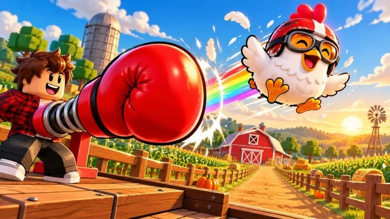 Slap a Chicken: a giant glove launches a chicken into the sky