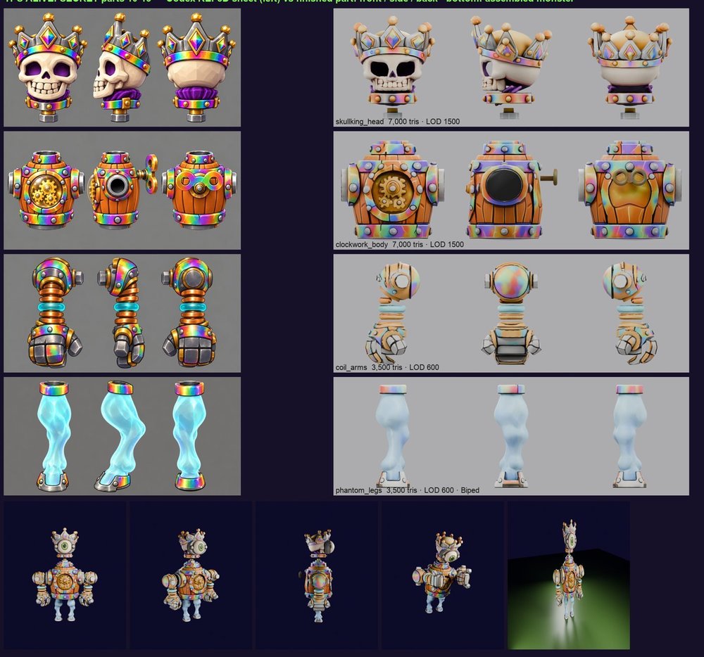Secret monster set: each part as concept and finished 3D, then assembled