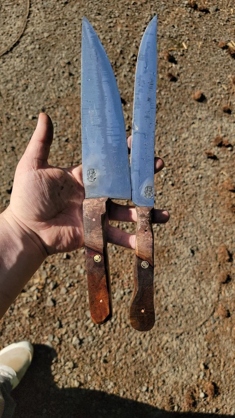 Two hand-forged kitchen knives from the Dumpling House forge