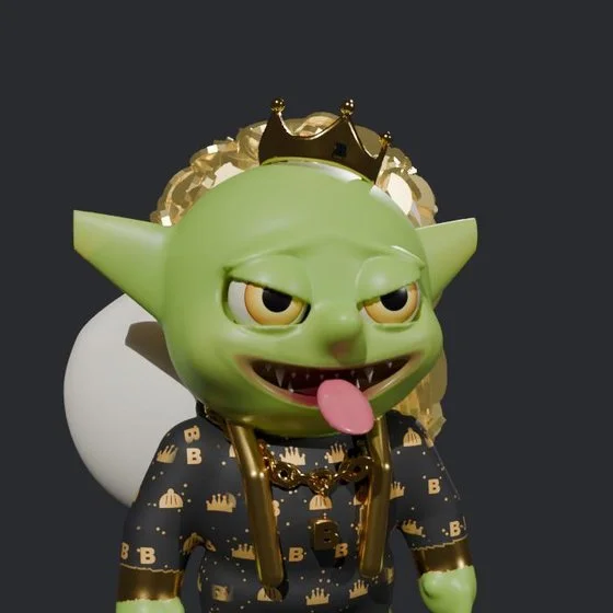 Timmy the Gold Goblin, a green goblin with a crown and a bag of gold
