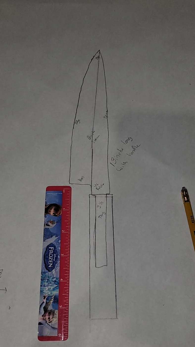 Eric's pencil sketch of a knife next to a ruler