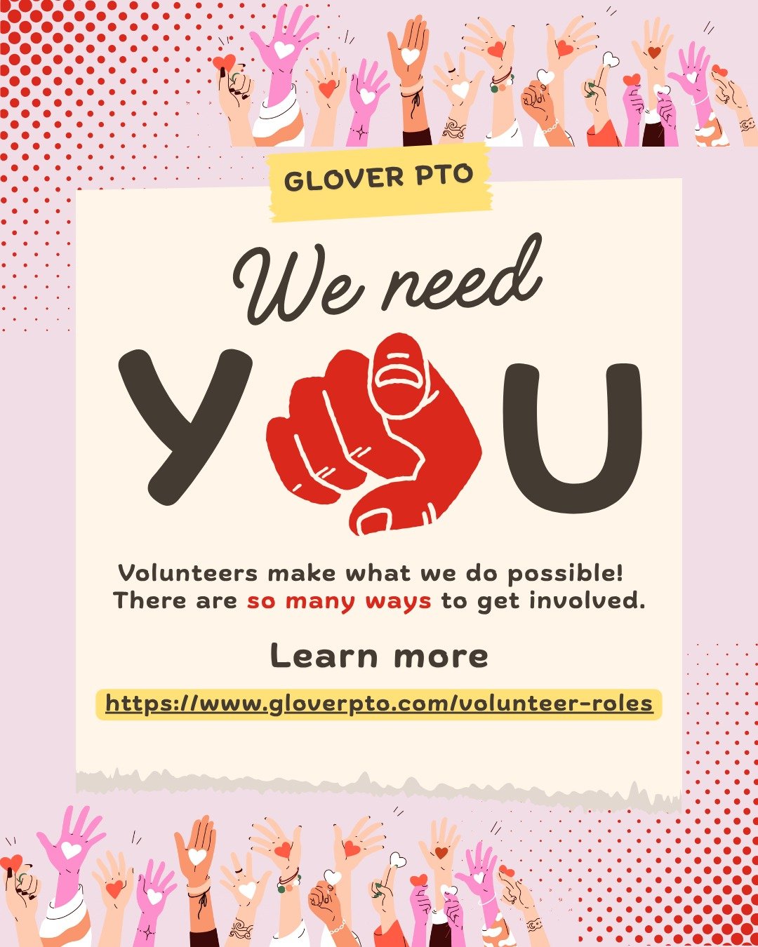 The Glover PTO is looking for your talents. We'll save easy links to Volunteer Opportunities in our story highlights, but for more information, see https://www.gloverpto.com/volunteer-roles or email gloverpto@gmail.com to get involved!